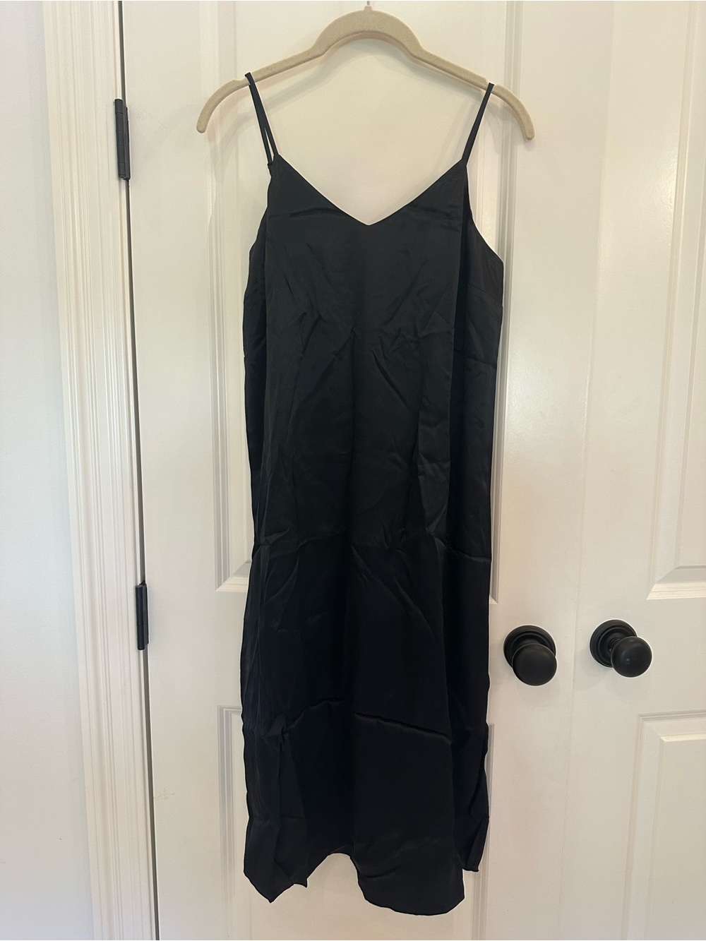 Gap NWT Petite XS True Black Satin Midi Slip Dress Fully Lined
